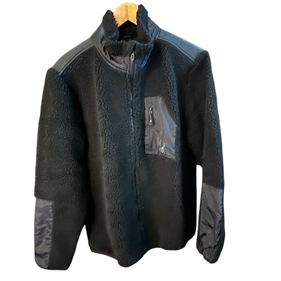 Spyder NWT  Mens Black Sherpa Fleece Full Zip Jacket Nylon Accents Sz Medium - Picture 1 of 9